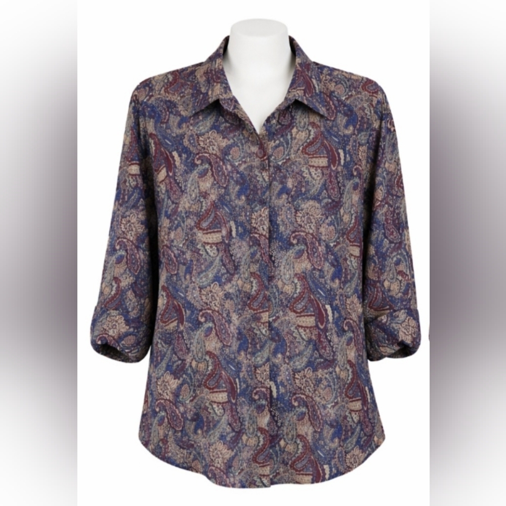 Vintage Paisley Multicolor Blue Maroon Button-Up Long Sleeve Retro Boho Top - Picture 5 of 7